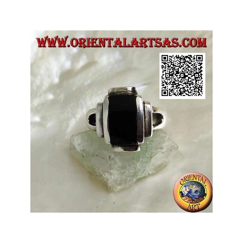 Silver ring with smooth overlapping rectangles and rectangular onyx
