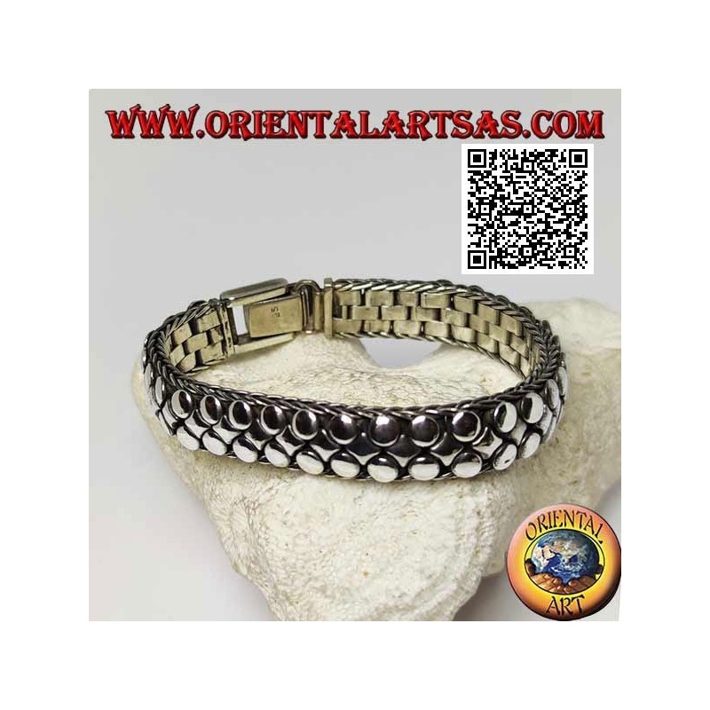 Bracelet argenté plat, large et lisse de disques et losanges 20cm x 12 * 5mm