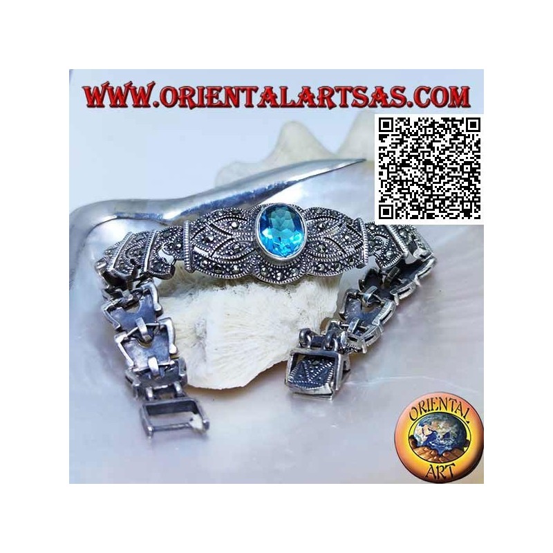Bracelets à maillons en argent avec grande topaze bleue ovale facettée centrale parsemée de marcassite