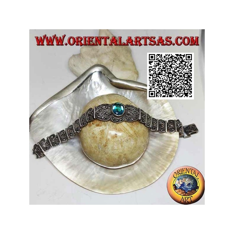 Pulseras de eslabones de plata con gran topacio azul ovalado facetado central tachonado de marcasita