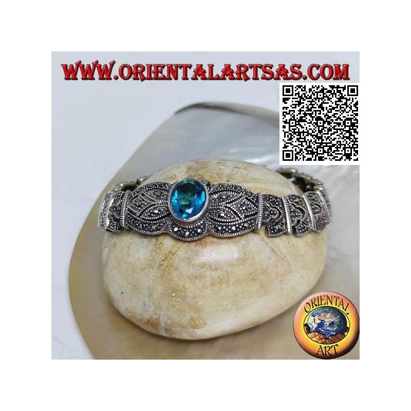 Bracelets à maillons en argent avec grande topaze bleue ovale facettée centrale parsemée de marcassite