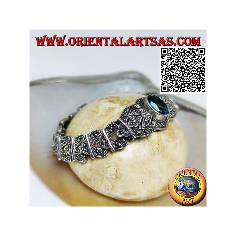 Bracelets à maillons en argent avec grande topaze bleue ovale facettée centrale parsemée de marcassite