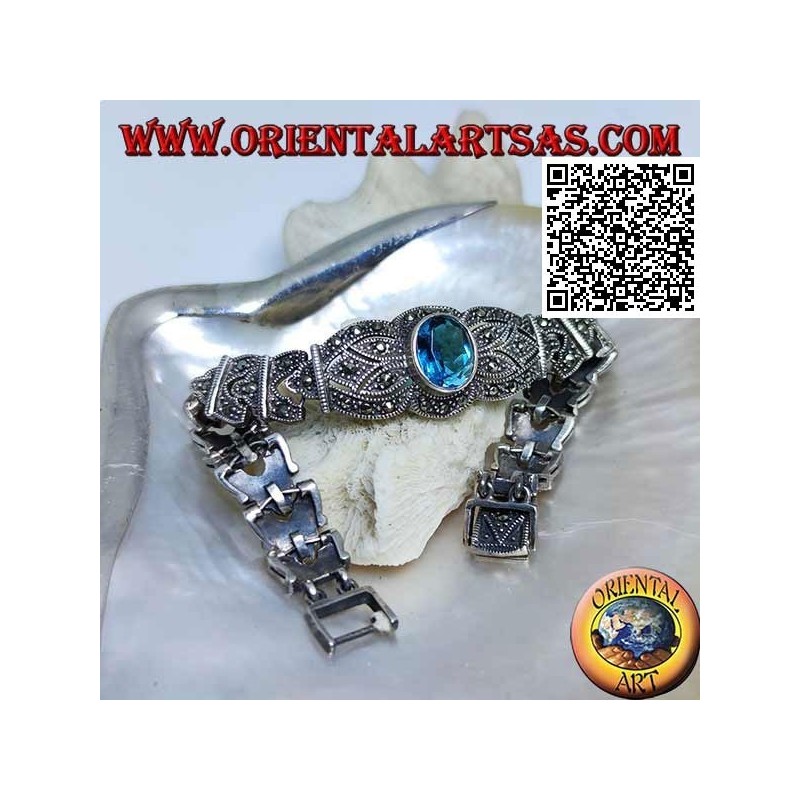 Bracelets à maillons en argent avec grande topaze bleue ovale facettée centrale parsemée de marcassite