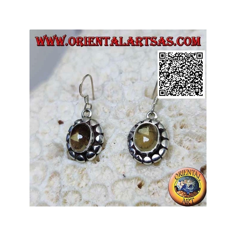 Silver earrings with oval cabochon natural yellow topaz surrounded by disks