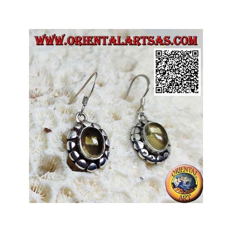 Boucles d'oreilles en argent avec topaze jaune naturelle cabochon ovale entouré de disques