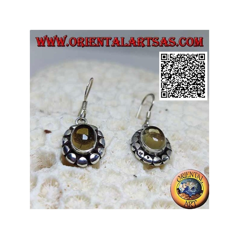 Silver earrings with oval cabochon natural yellow topaz surrounded by disks