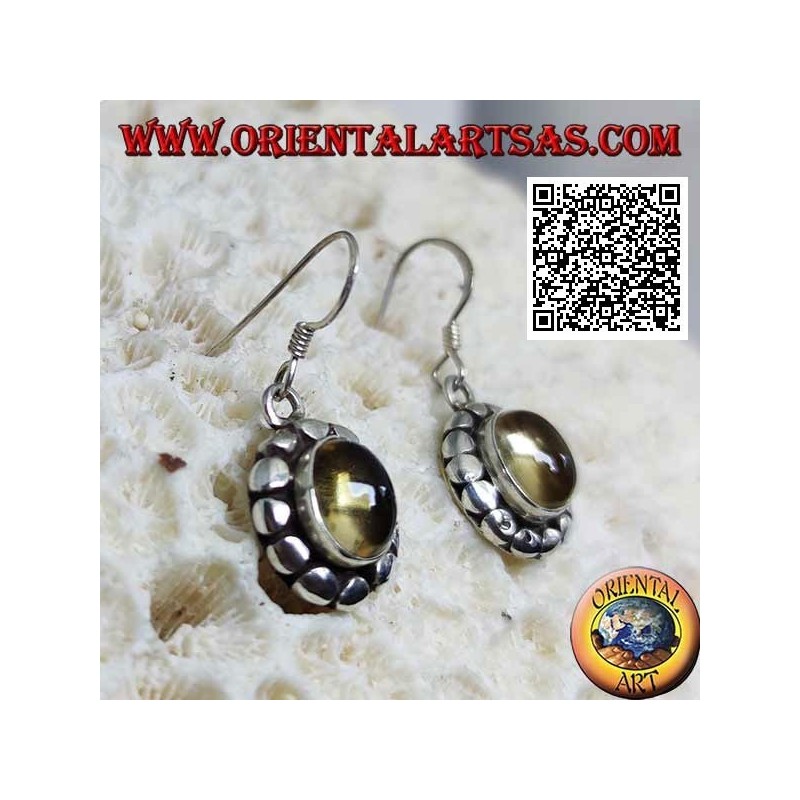 Orecchini in argento con topazio giallo naturale ovale a cabochon contornato da dischetti