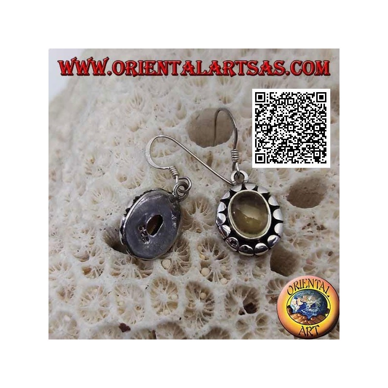Silver earrings with oval cabochon natural yellow topaz surrounded by disks