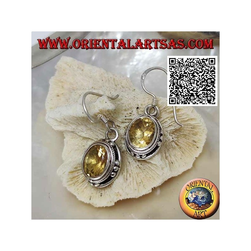 Silver earrings with natural oval yellow topaz and trio of balls on the four cardinal points