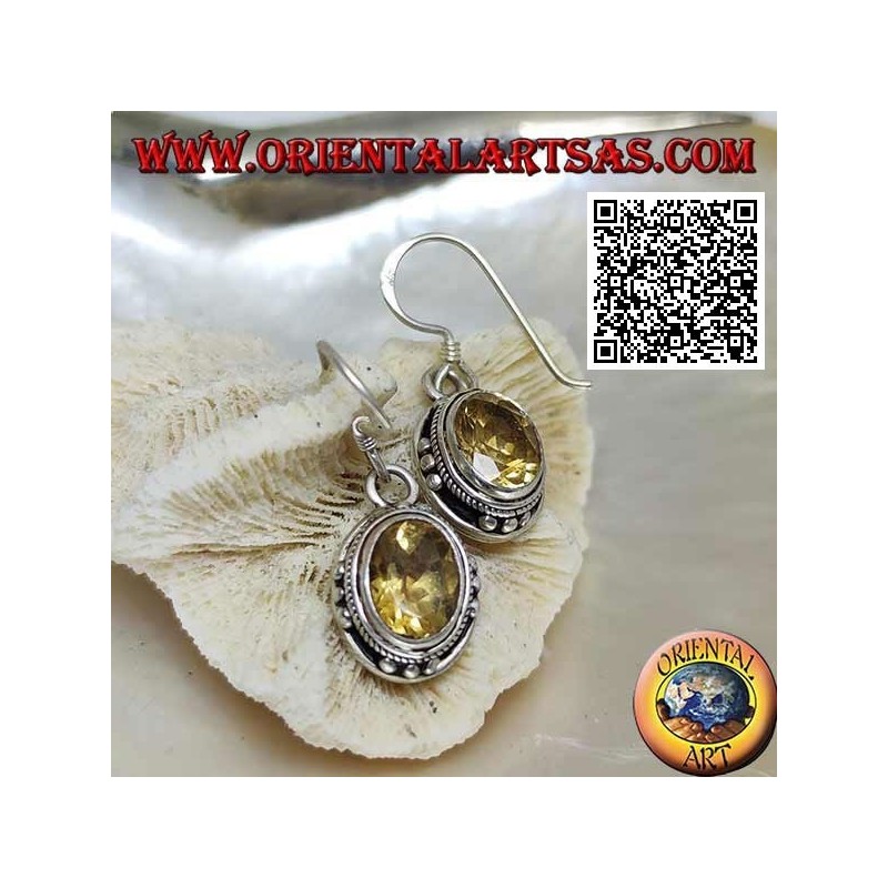 Silver earrings with natural oval yellow topaz and trio of balls on the four cardinal points