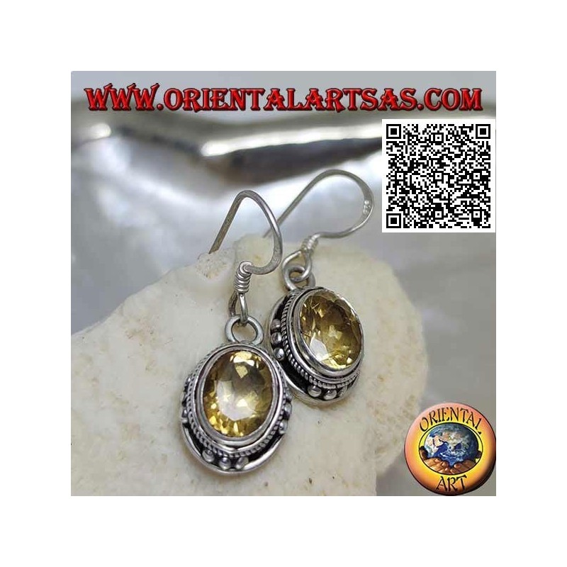 Silver earrings with natural oval yellow topaz and trio of balls on the four cardinal points