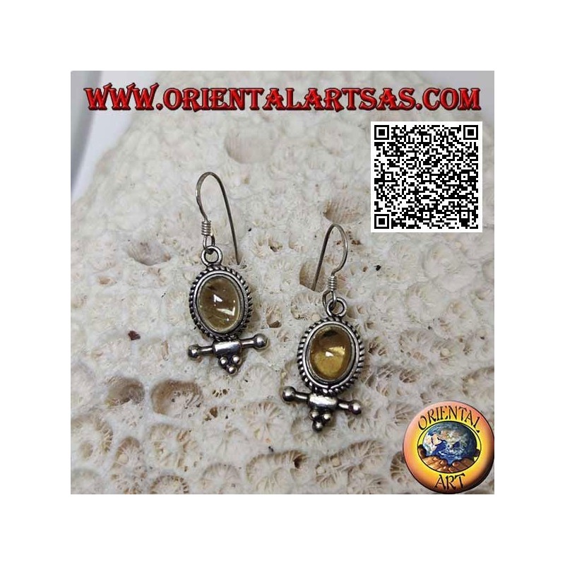 Boucles d'oreilles en argent avec topaze jaune naturelle cabochon ovale entouré de tissage et barre avec boules en dessous