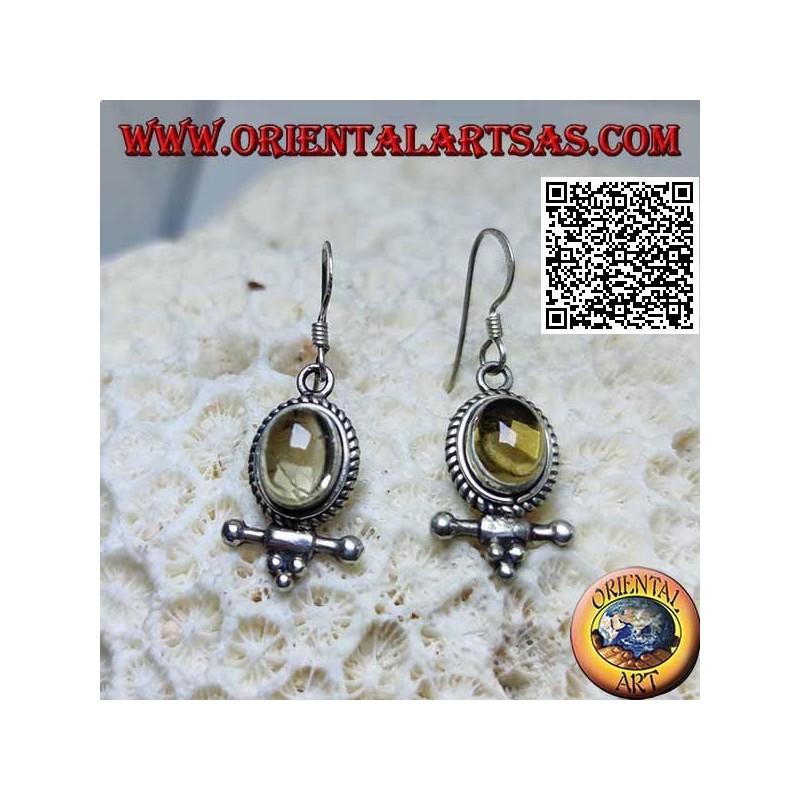 Pendientes de plata con cabujón ovalado de topacio amarillo natural rodeado de tejido y barra con bolas debajo