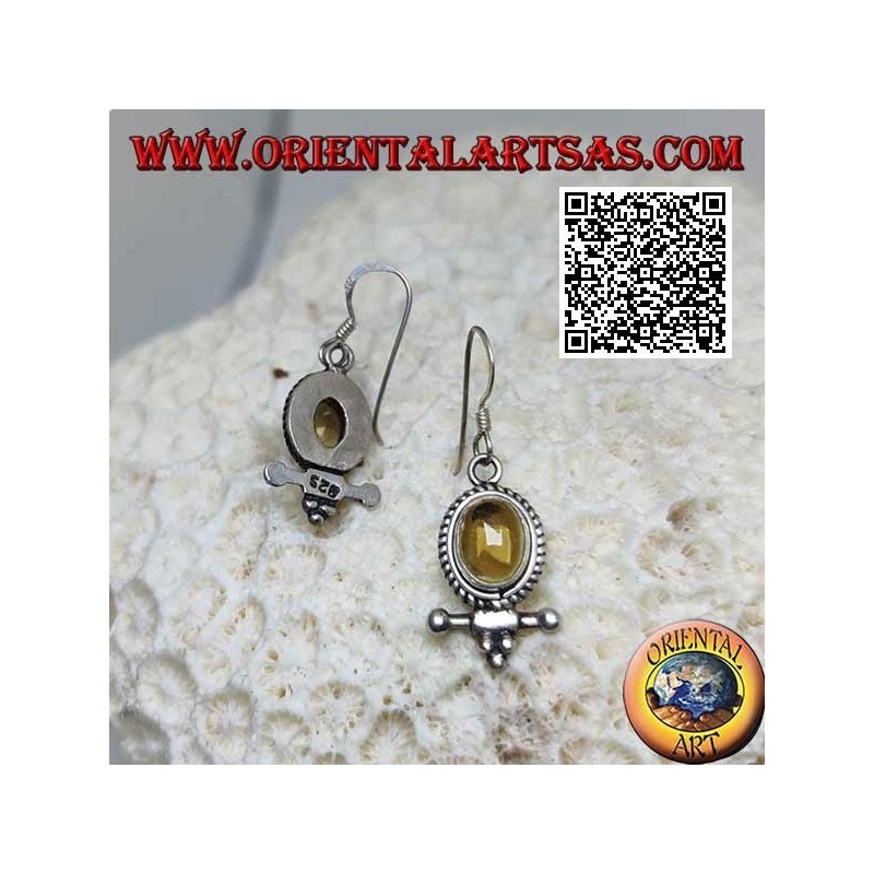 Silver earrings with oval cabochon natural yellow topaz surrounded by weaving and bar with balls underneath