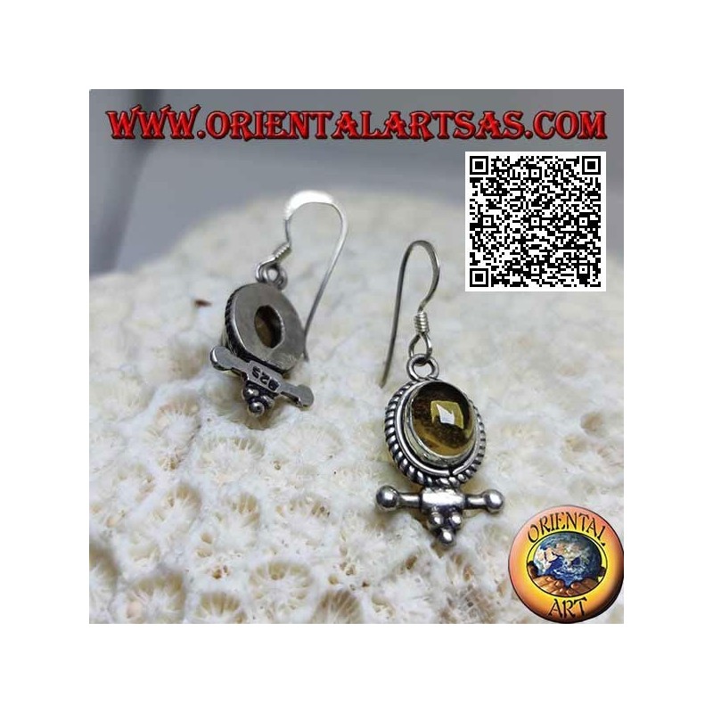 Boucles d'oreilles en argent avec topaze jaune naturelle cabochon ovale entouré de tissage et barre avec boules en dessous