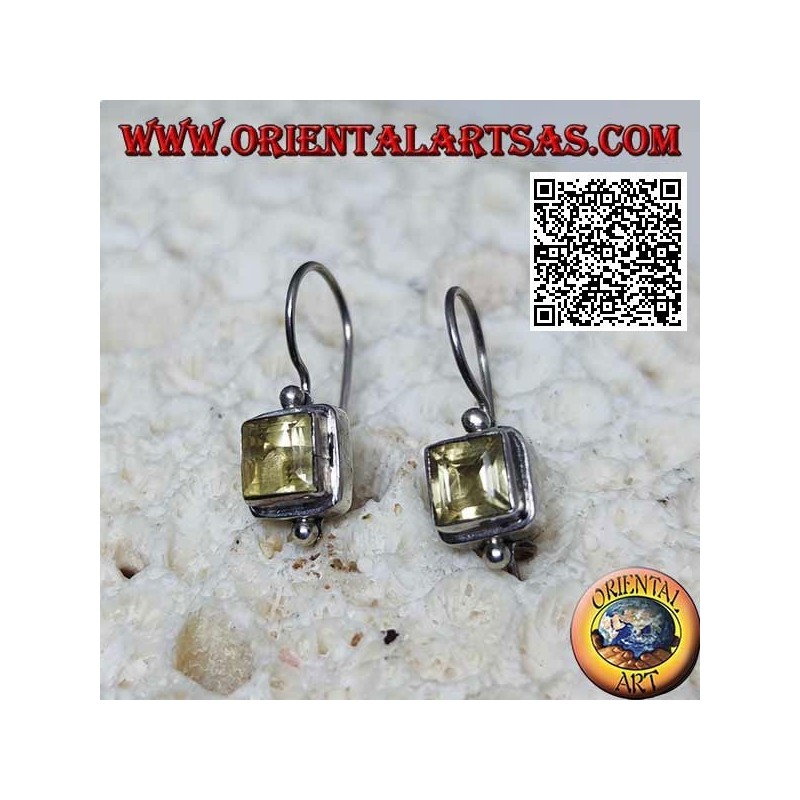 Silver earrings with square faceted natural yellow topaz on smooth setting