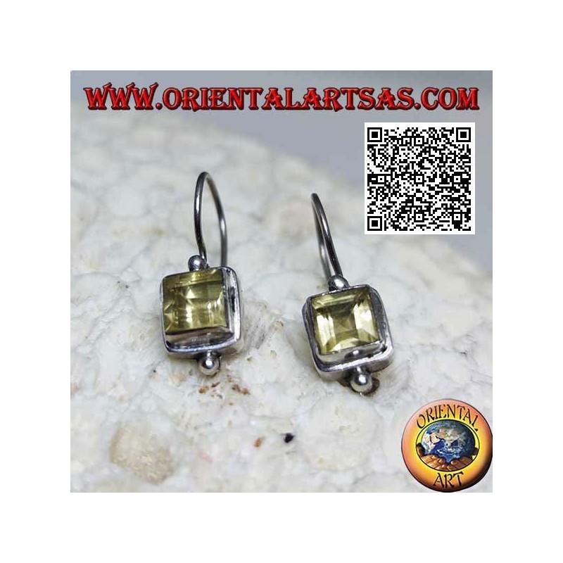 Silver earrings with square faceted natural yellow topaz on smooth setting