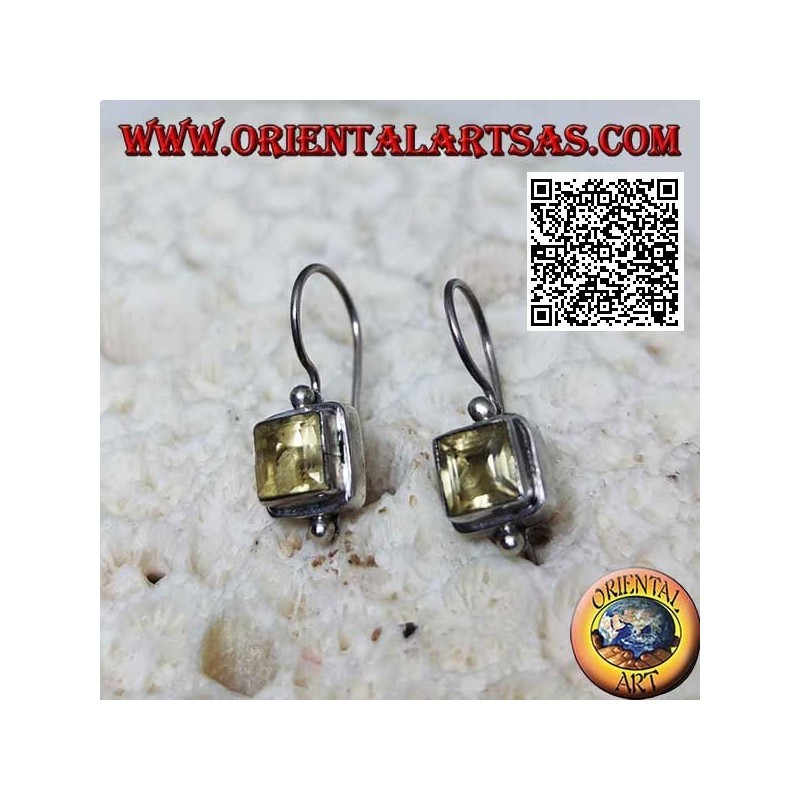 Silver earrings with square faceted natural yellow topaz on smooth setting