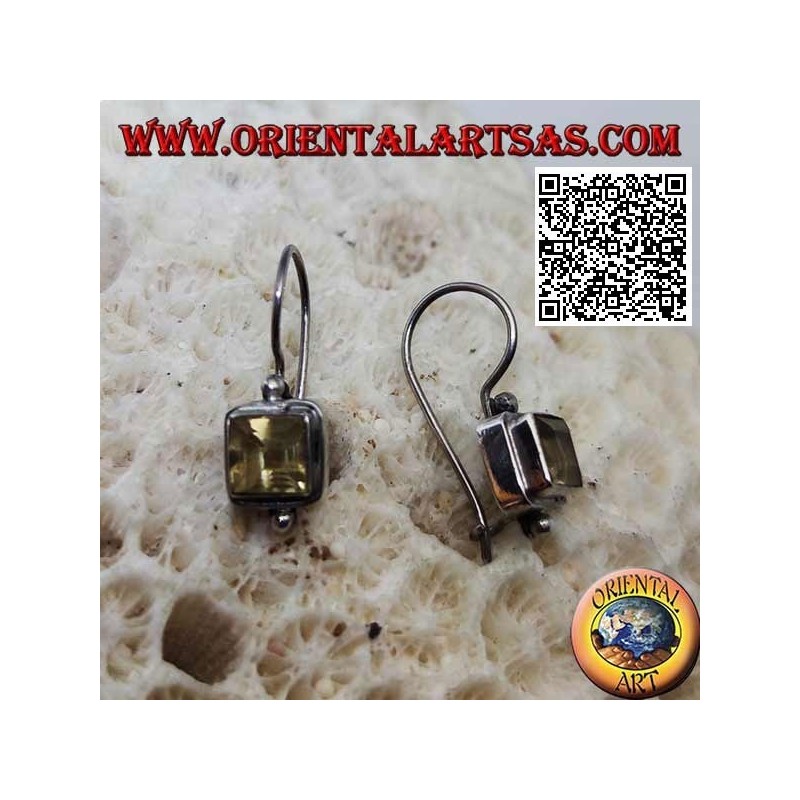 Silver earrings with square faceted natural yellow topaz on smooth setting