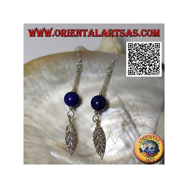 Boucles d'oreilles pendantes en argent avec barre, sphère de lapis lazuli et feuille