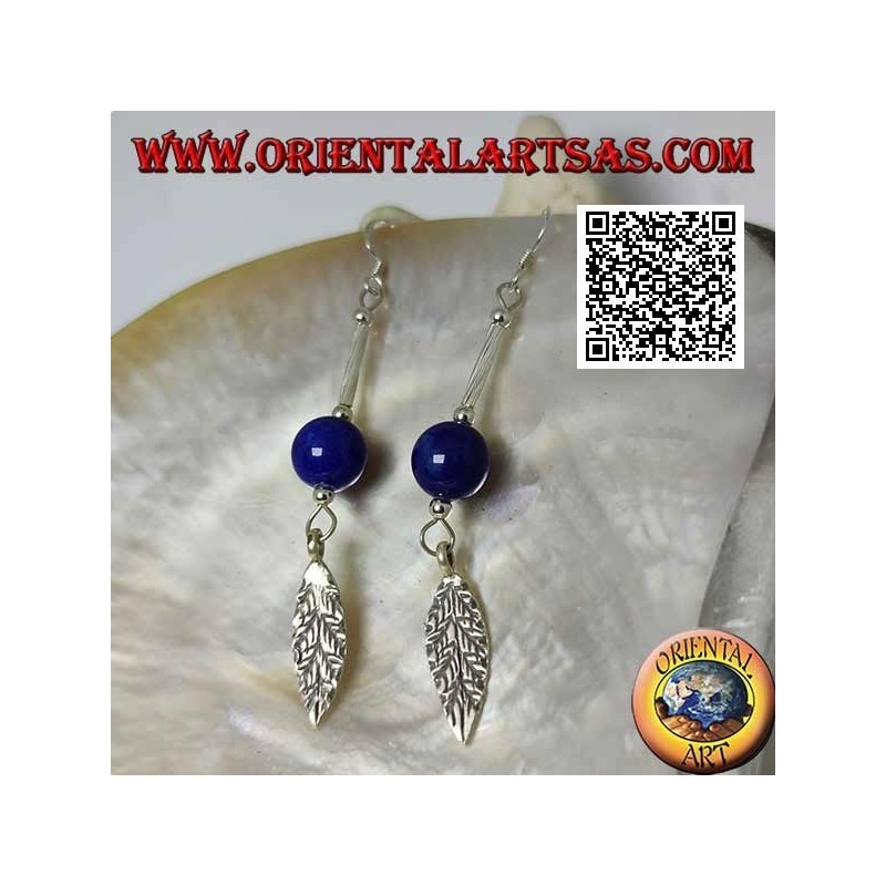 Silberne Ohrringe mit Bar, Lapislazuli-Kugel und Blatt