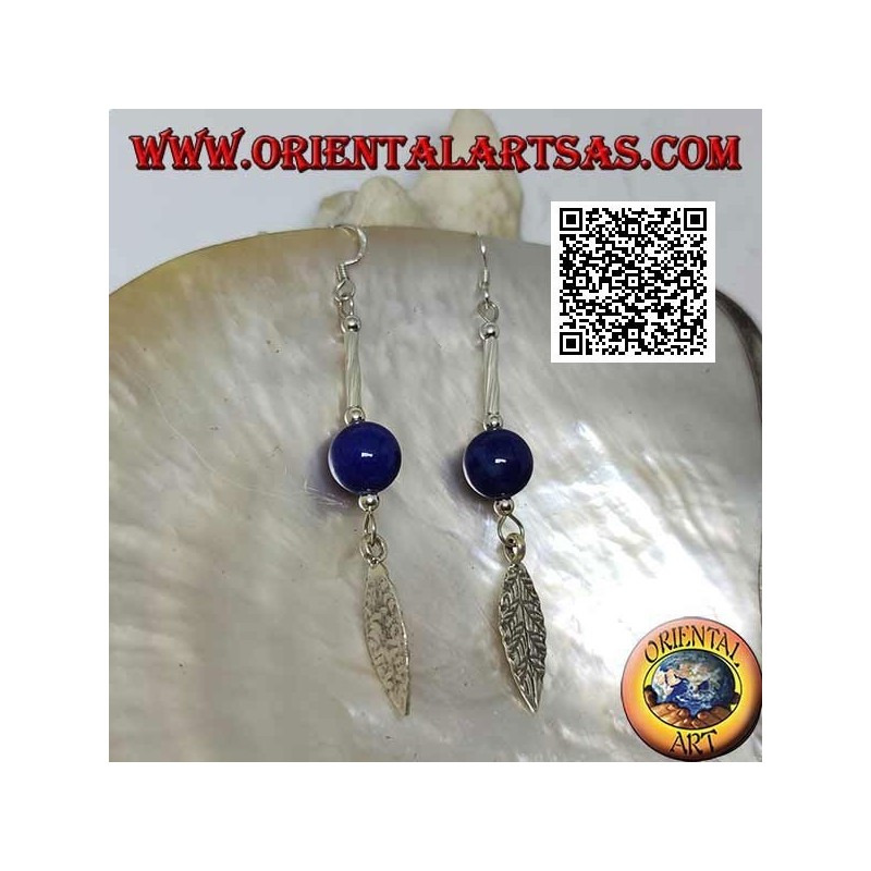 Boucles d'oreilles pendantes en argent avec barre, sphère de lapis lazuli et feuille