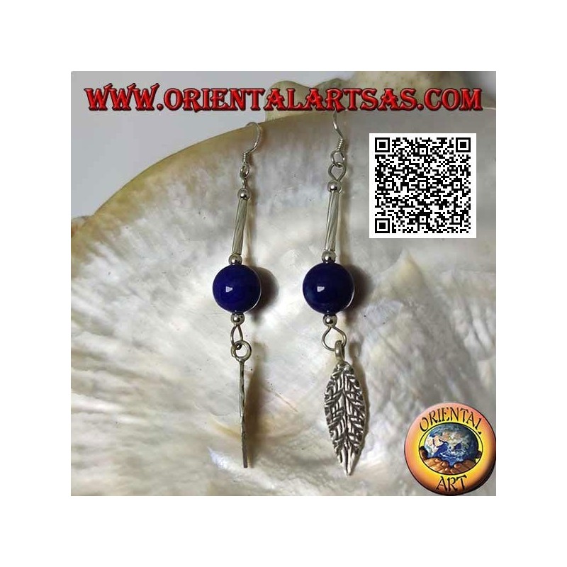 Boucles d'oreilles pendantes en argent avec barre, sphère de lapis lazuli et feuille