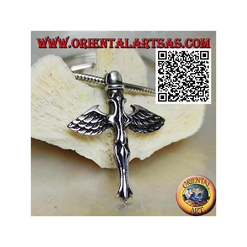 Colgante cruz de plata con espada y alas de ángel de San Miguel