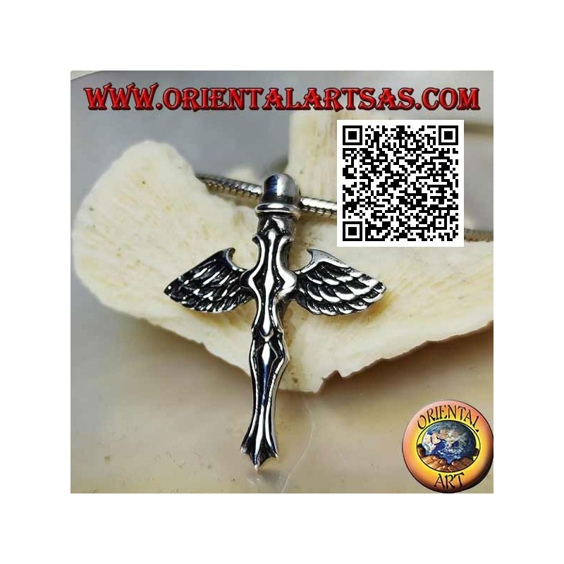 Ciondolo in argento croce con spada e ali d'angelo di san Michele