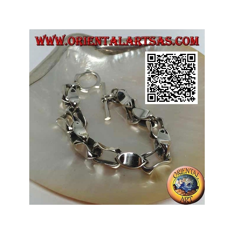 Bracelet fermoir en argent avec anneaux concaves mesurant 22 cm x 10 mm