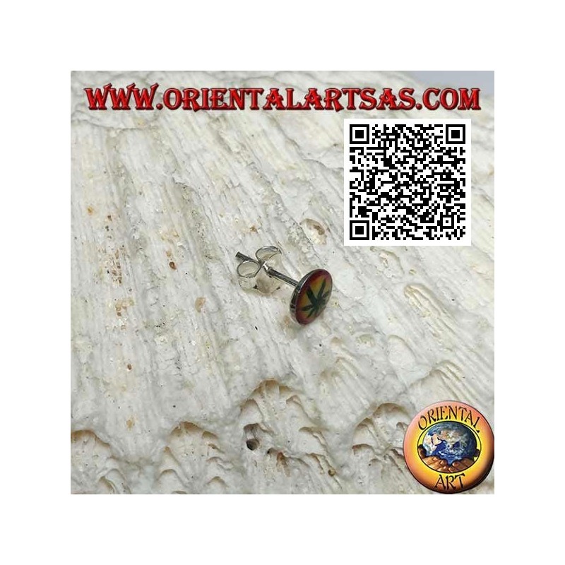 Mini orecchino d'argento, tondo con foglia di marijuana (colorato)