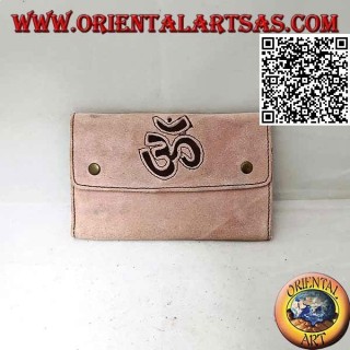 Tobacco and papers holder with internal zip and "Om", in 100% suede and clip closure (light pink)