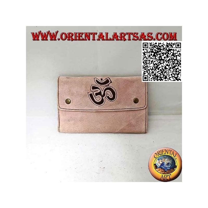 Portatabacco e cartine con zip interna e "Om" , in 100% pelle scamosciata e chiusura a clip (rosa chiaro)