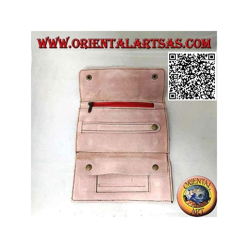 Tobacco and papers holder with internal zip and "Om", in 100% suede and clip closure (light pink)