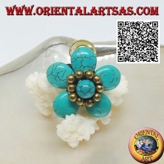 Anello regolabile a fiore di pasta di turchese con palline e spirale in ottone dorato rivestito (macramè)