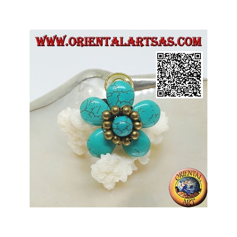 Bague fleur ajustable en pâte de turquoise avec boules et spirale en laiton plaqué or (macramé)