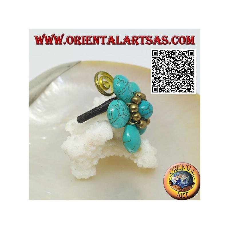Verstellbarer Blumenring aus türkisfarbener Paste mit Kugeln und Spirale aus vergoldetem Messing (Makramee)