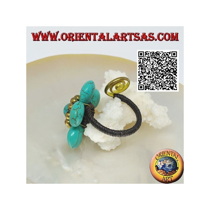 Bague fleur ajustable en pâte de turquoise avec boules et spirale en laiton plaqué or (macramé)