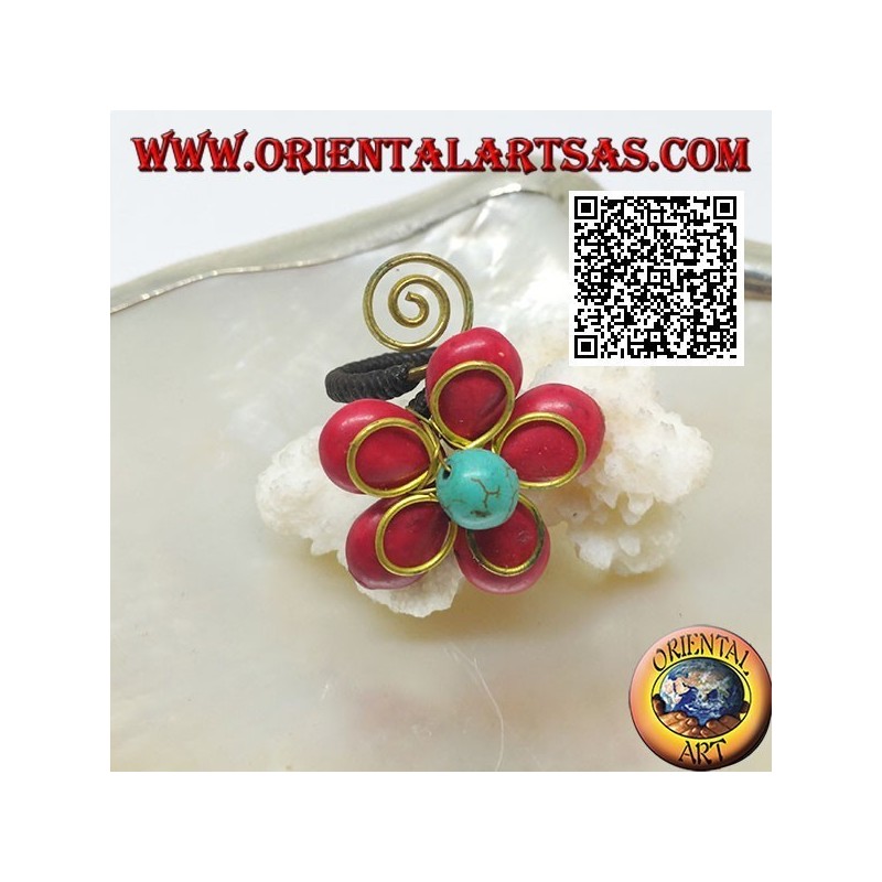 Adjustable flower ring in coral paste and turquoise center with flower and spiral in gold plated brass (macramé)