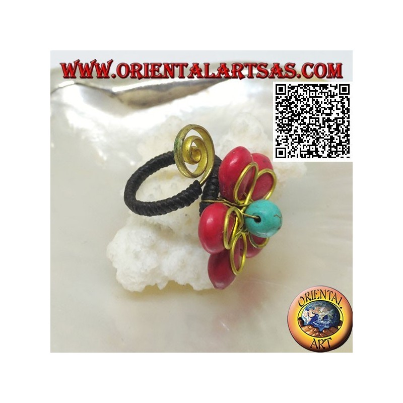 Anillo flor ajustable en pasta coral y centro turquesa con flor y espiral en latón bañado en oro (macramé)