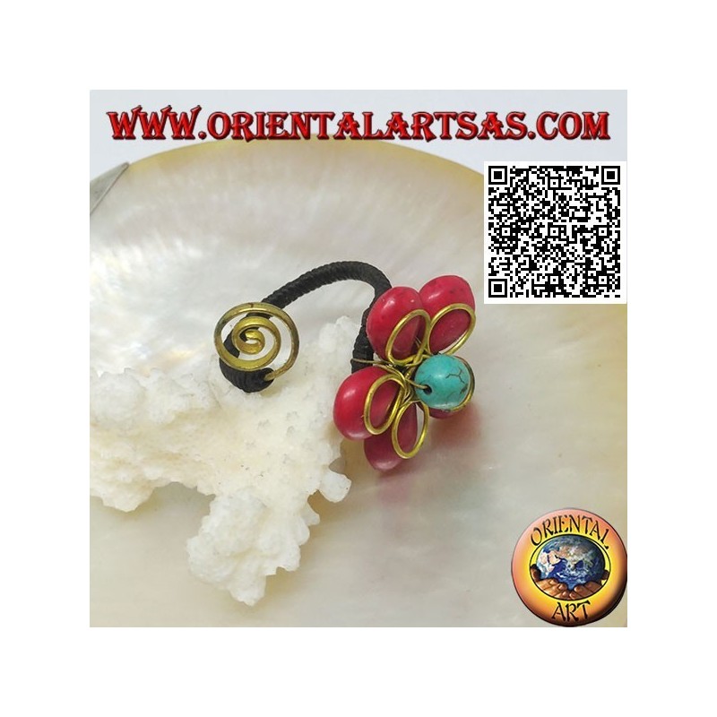 Anillo flor ajustable en pasta coral y centro turquesa con flor y espiral en latón bañado en oro (macramé)