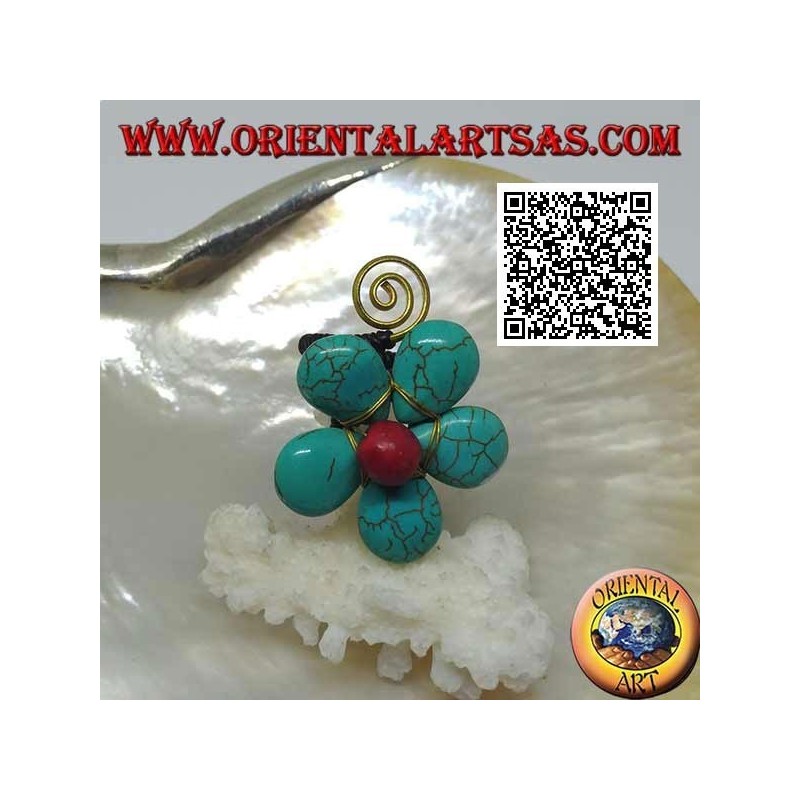 Verstellbarer blütenförmiger Ring aus türkisfarbener Paste und Korallenmitte mit Spirale aus vergoldetem Messing (Makramee)