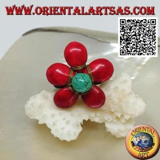Bague fleur ajustable en pâte de corail et centre turquoise en laiton doré (macramé)