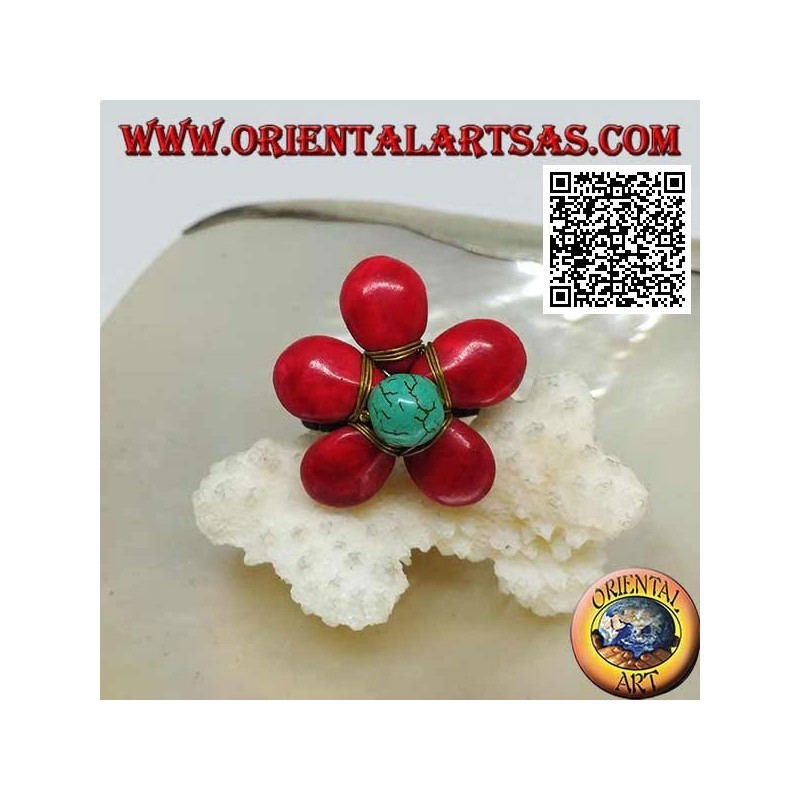 Bague fleur ajustable en pâte de corail et centre turquoise en laiton doré (macramé)