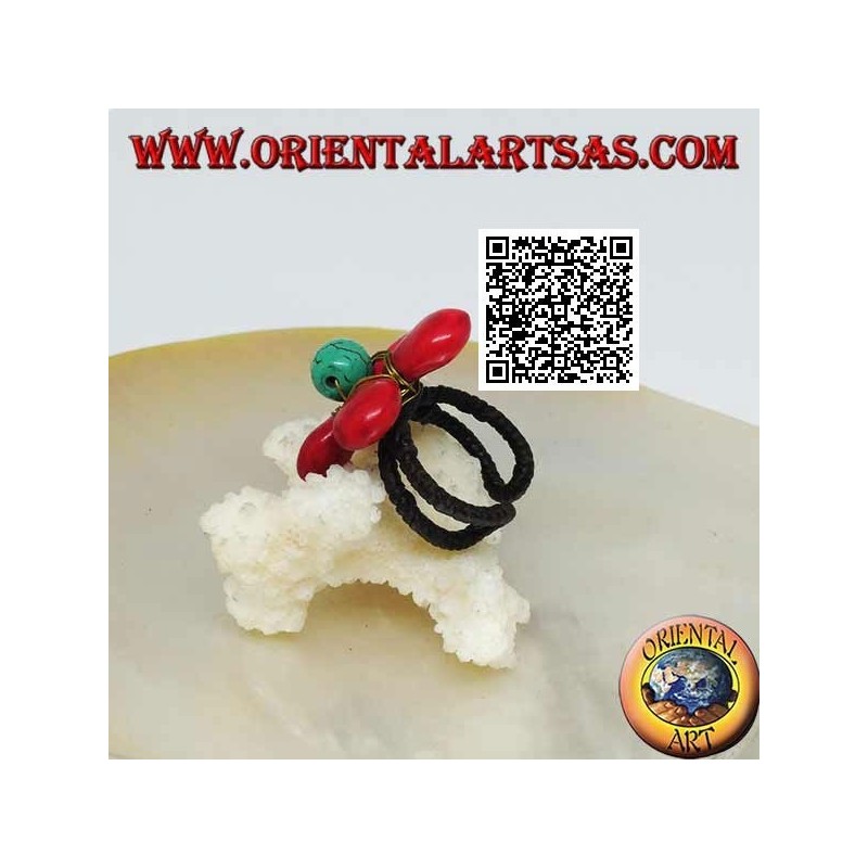 Anillo ajustable en forma de flor en pasta de coral y centro turquesa en latón dorado (macramé)