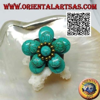 Aro regulable en cuero doble flor superpuesto en pasta turquesa y bolas de latón dorado