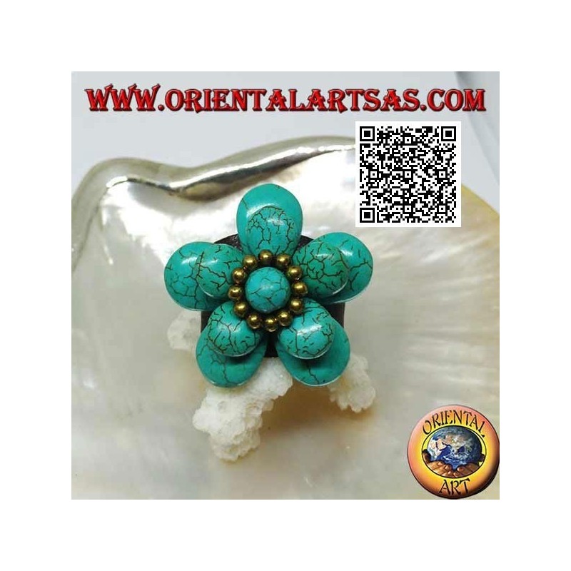 Adjustable ring in double-grain leather superimposed in turquoise paste and golden brass balls