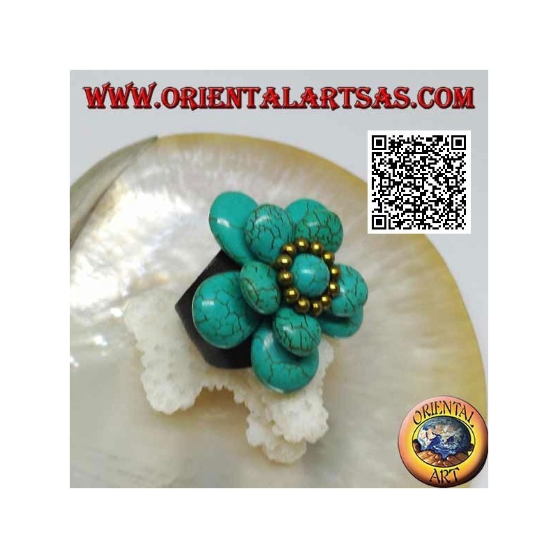 Bague ajustable en cuir double fleur superposée en pâte turquoise et boules en laiton doré