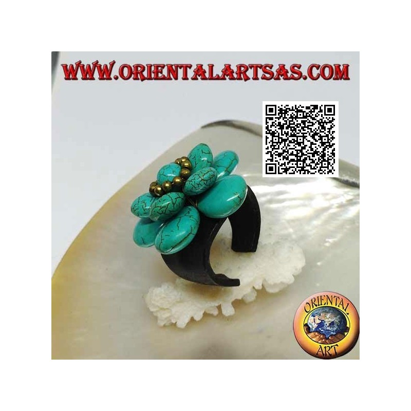 Adjustable ring in double-grain leather superimposed in turquoise paste and golden brass balls