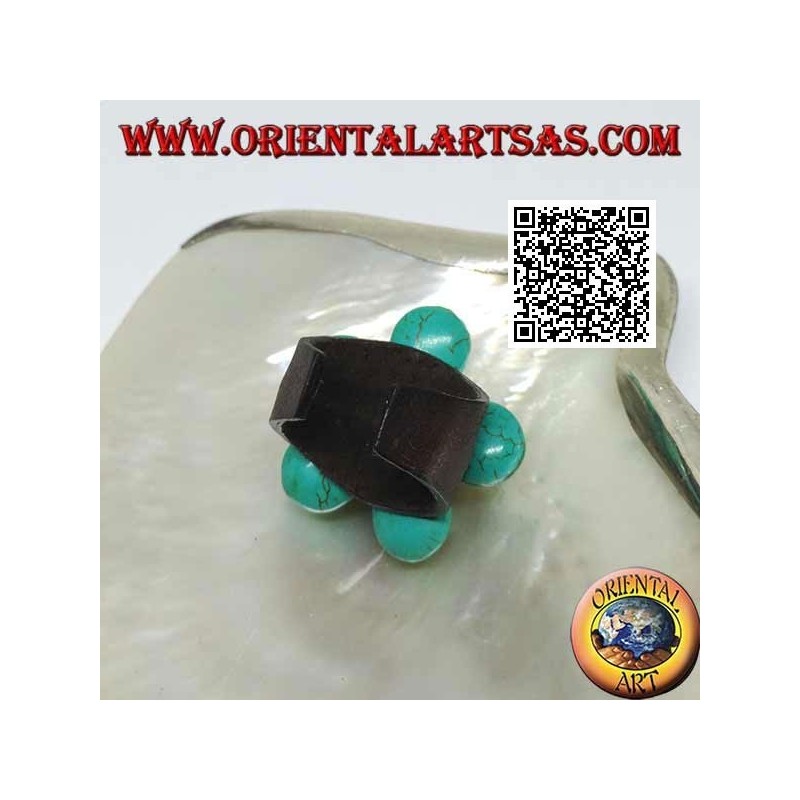 Bague ajustable en cuir double fleur superposée en pâte turquoise et boules en laiton doré